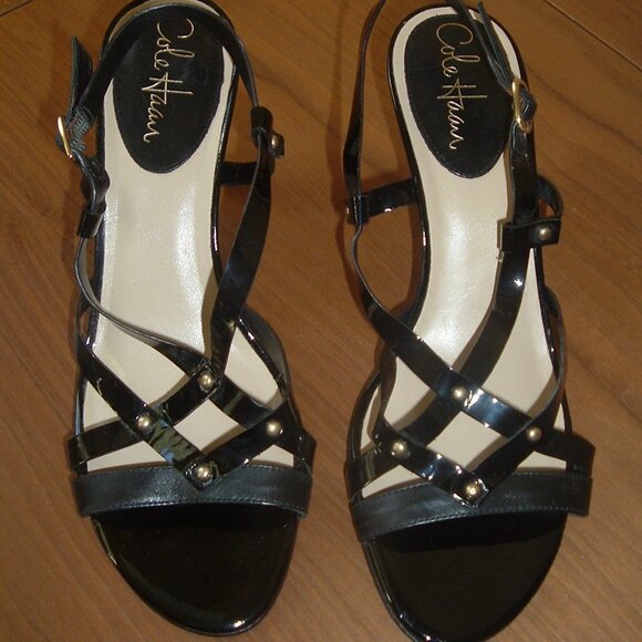 NEW Cole Haan Patent Black Strappy High Heel Slingbacks w/studs- Size 8 1/2 AA - Picture 1 of 3